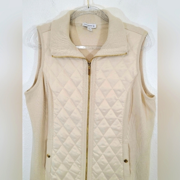 SUSAN GRAVER Cream/Gold Zip-Up Quilted Vest w/Pockets Lightweight Classic, L - Picture 2 of 6